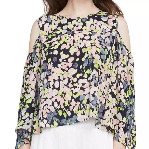 BCBGMAXAZRIA Skipper Cold Shoulder High Low Blouse - Dark Midnight Combo Print - Picture 1 of 8